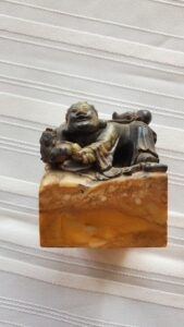 Large Figural Chinese Soapstone Seal, signed. 